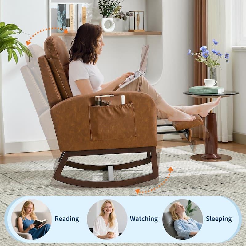 Rocking Chair with Footrest for Nursery, Modern PU Upholstered Glider Accent Armchair with High Backrest