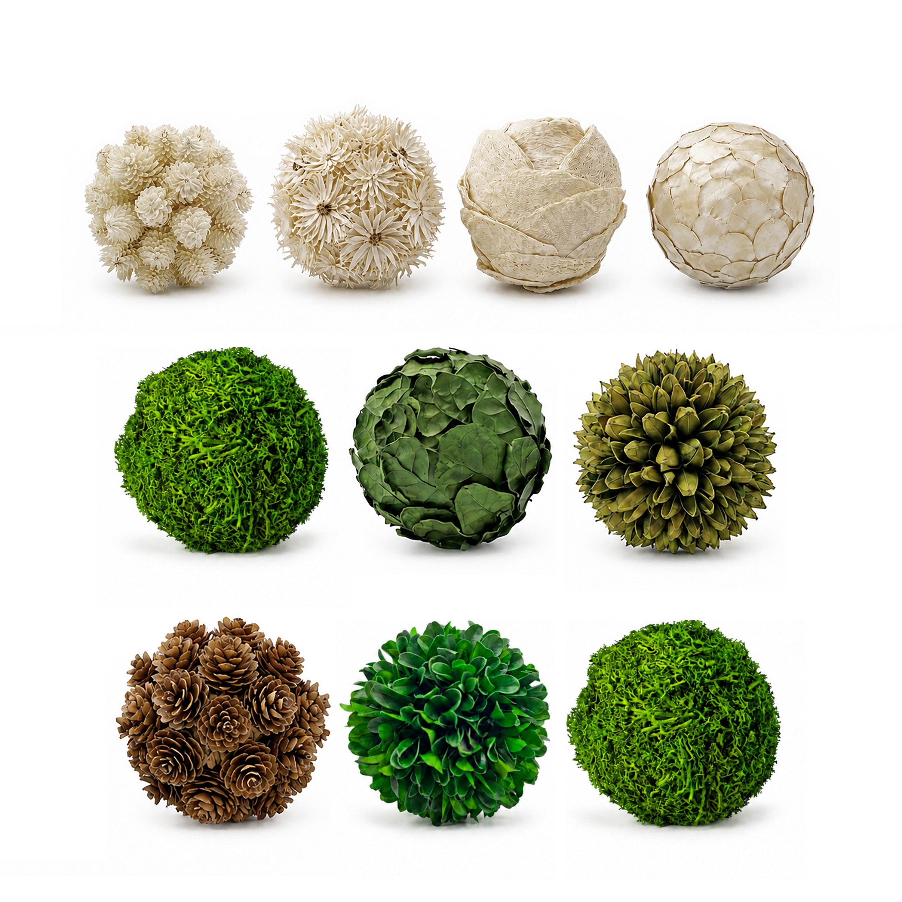 Handmade Preserved Topiary Balls, Decorative Botanical Bowl Filler in Green, White & Brown, Set of 10