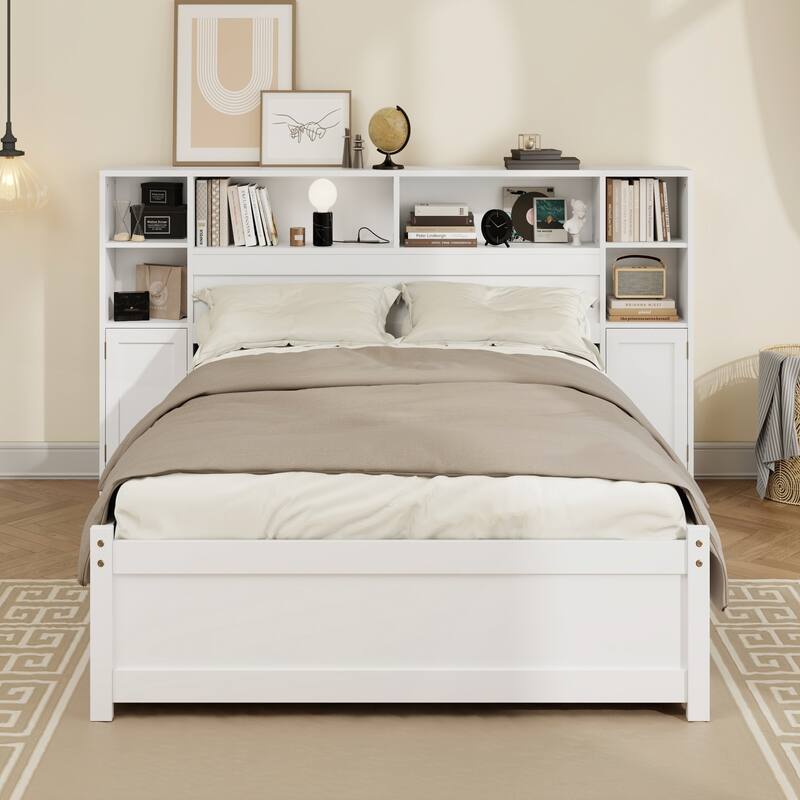 White Wooden Storage Bed with Tall Extended Bookcase Headboard and Charging Station for Teens Adults - Full