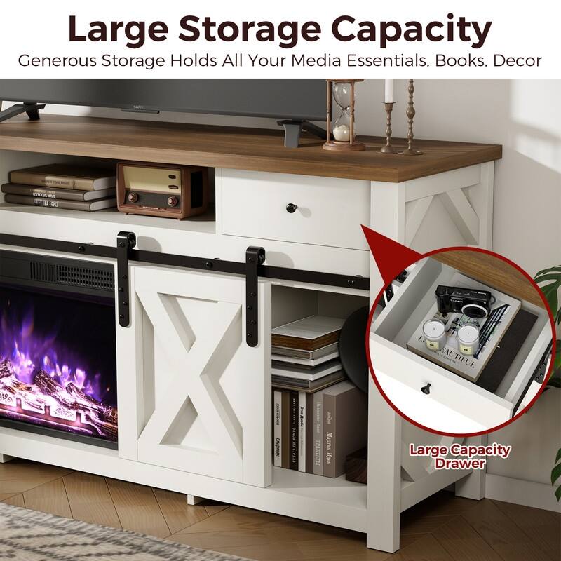 59" Sliding Diamond Door TV Stand for TVs up to 65" with 23" Electric Fireplace Included