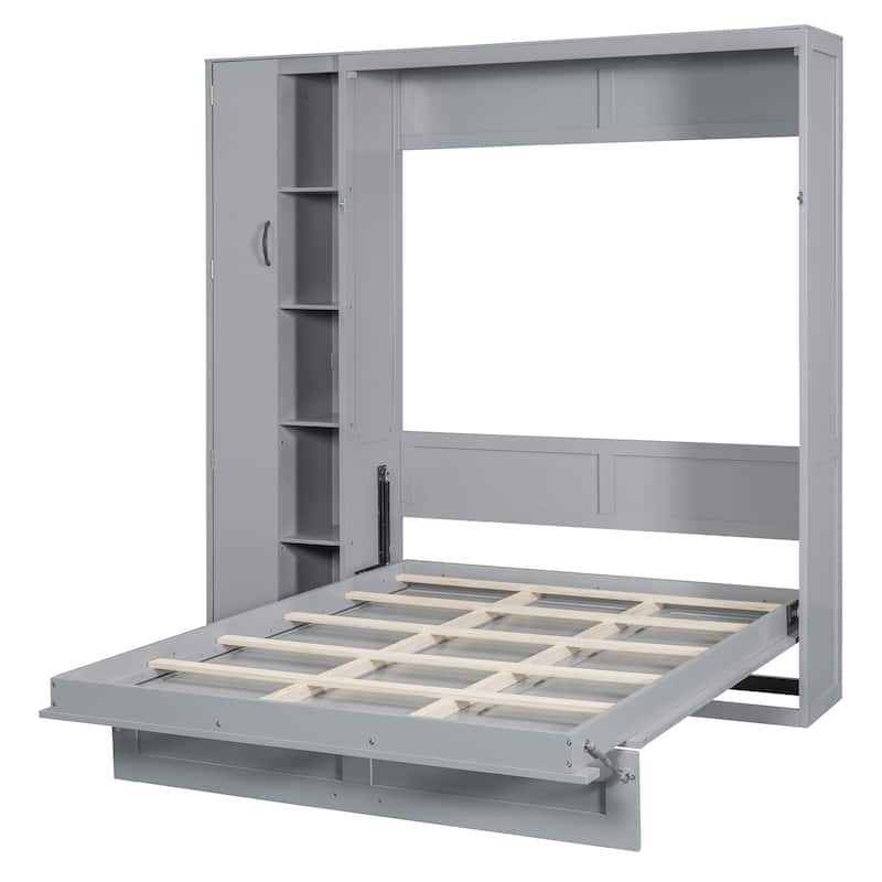 Foldable Wall Cabinet Bed Full Size Murphy Bed Frame with Open Storage Shelves, Compact Wardrobe and LED Light