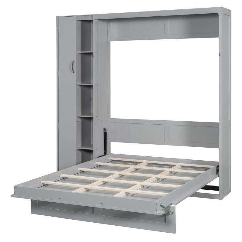 Space-Saving Full Size Wall Bed with Shelves, Wardrobe, and LED Lights, Gray