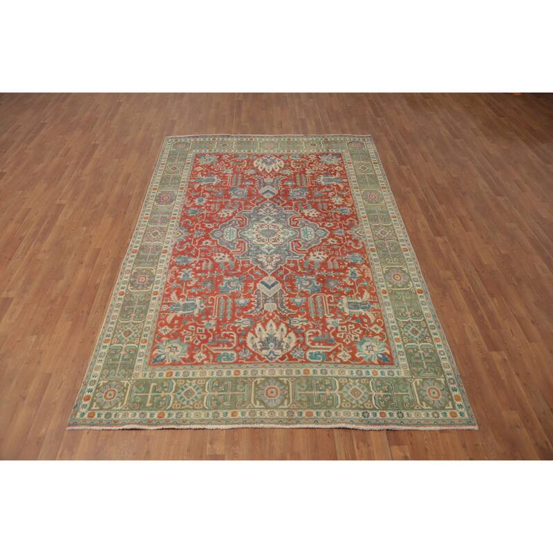 Hand Knotted Oriental 100% Wool Carpet Traditional Floral Red Tabriz Area Rug - 9' 8'' X 6' 6''