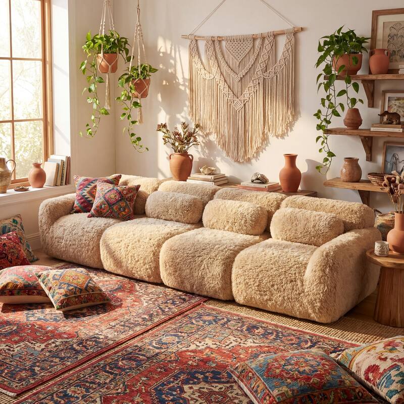 Homy Casa Light Khaki Modular Sectional Sofa, Soft Plush Fabric Cloud Couch with Anti-Slip Base & Decorative Pillows