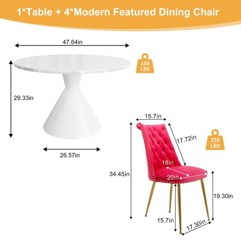 48" Light Luxury White High Gloss Large Countertop Dining Table with Velvet Dining Chair Set