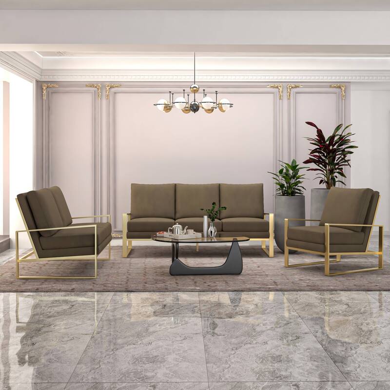 LeisureMod Modern 3-Piece Upholstered Velvet Sofa Set - Includes Sofa, Loveseat & Accent Chair for Home Office Living & Bed Room