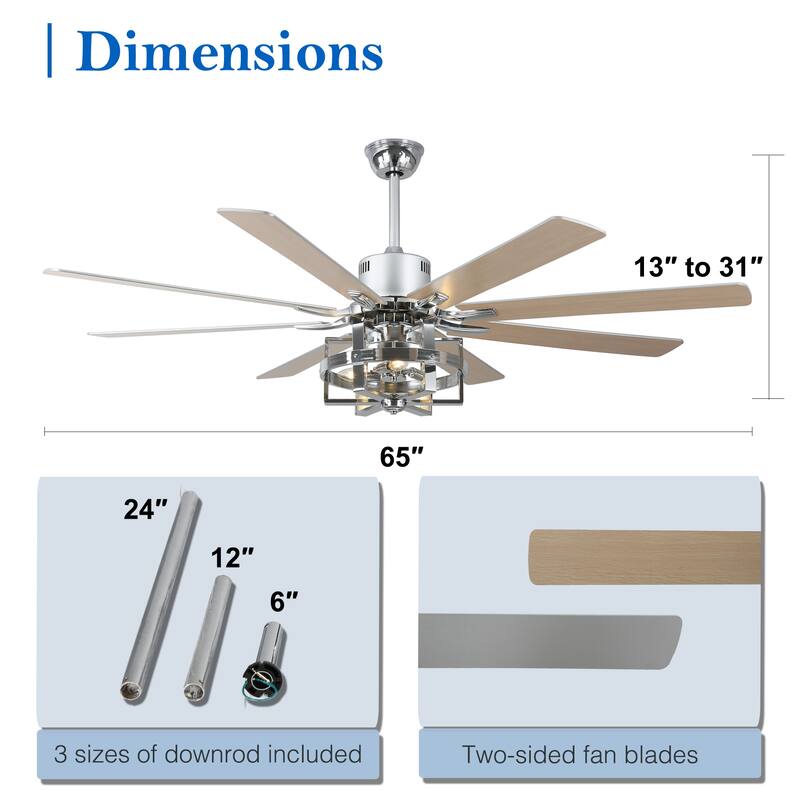 65" Large Wood Blade Ceiling Fan, 8 Blades and 3 Lights, Quiet DC Motor with Remote for Living Room