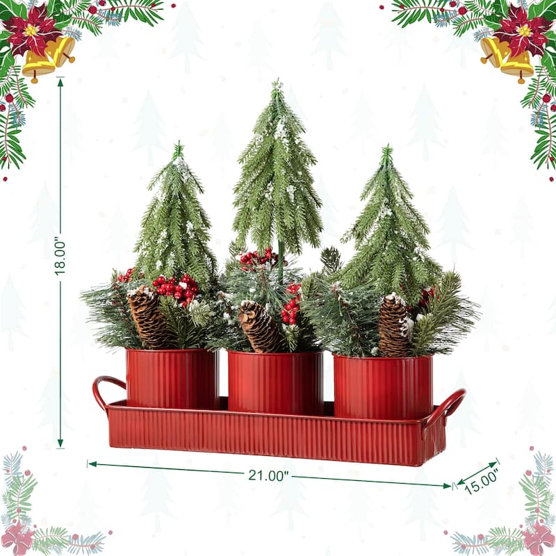 Glitzhome Christmas Red Sleigh Frosted Boot Floral Metal Potted Tree Table Decor