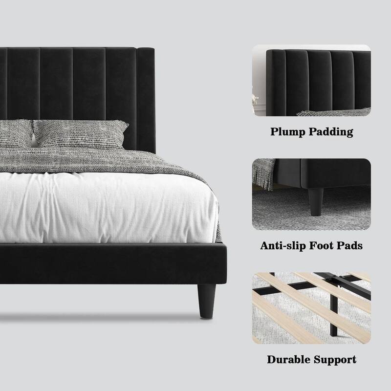 Velvet Upholstered Platform Bed Frame with Sturdy Slats and Headboard