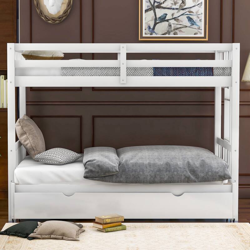 Twin Over Pull-Out Bunk Bed with Trundle, Solid Wood Twin Over Twin/Double Twin Bunk Bed with Ladder and Full-Length Guardrail