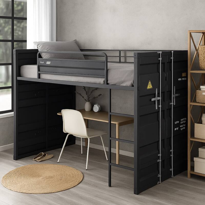 Twin Loft Bed with Metal Frame and Slide, Gray