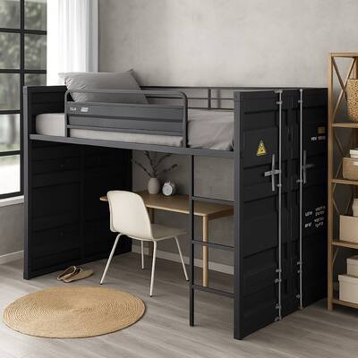 Twin Loft Bed with Metal Frame and Slide, Gray