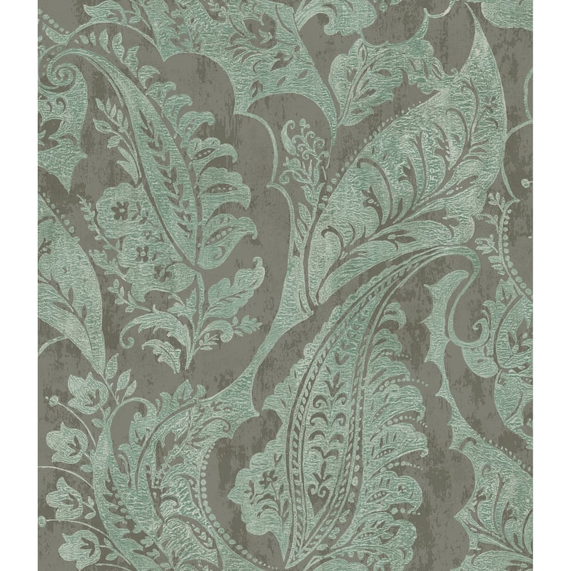 Seabrook Designs Glisten Paisley Unpasted Wallpaper - 20.5 in. W x 33 ft. L - Metallic Charcoal and Veridian Green