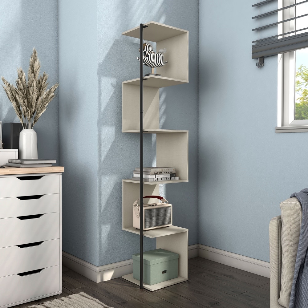 247 Shop At Home Modern 5 Tier Open Back Corner Bookcase, Display Bookshelf with Cylinder Metal Leg Post