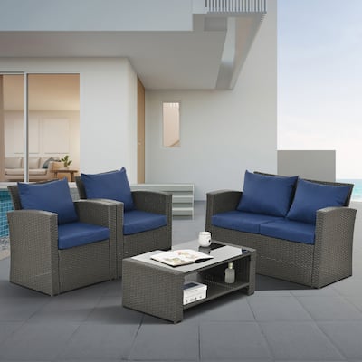 4 PCS Dark Grey Patio Furniture Set with PE Wicker Sofa, Loveseat Set, Chairs, and Tempered Glass Table