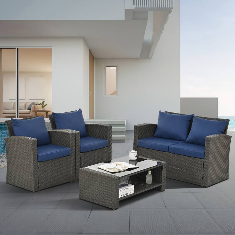 4-Piece Outdoor Patio Furniture Conversation Set - Blue