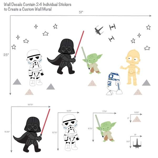 dimension image slide 1 of 2, Lambs & Ivy Star Wars Classic Wall Decals - Yoda, Darth Vader, R2-D2, C-3PO