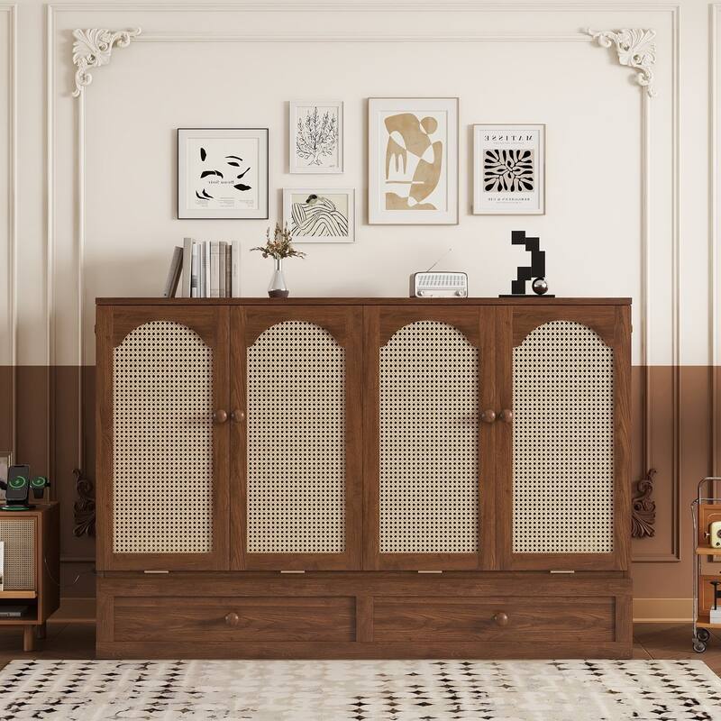 Murphy Bed, Pine Wood Cabinet Bed with Power Station and Rattan Decoration Panel