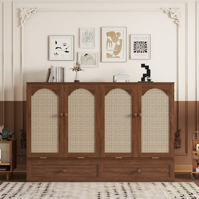 Queen Size Murphy Bed, Pine Wood Cabinet Bed with Power Station and Rattan Decoration Panel