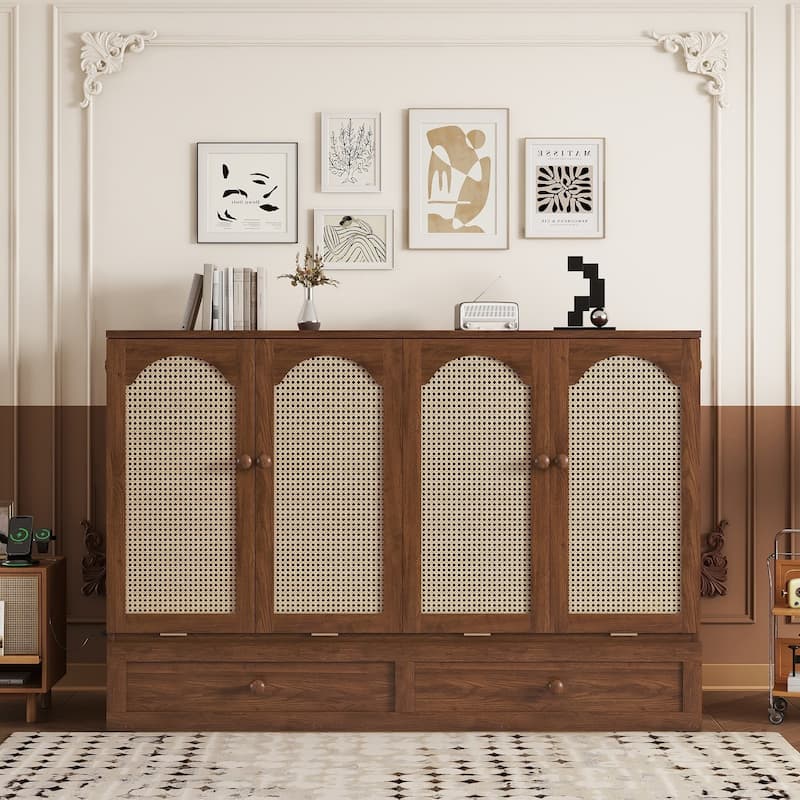 Queen Size Pine Wood Murphy Cabinet Bed with Power Station and Rattan Panel - Walnut