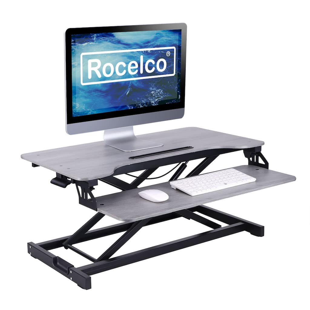 Rocelco 31.5 in. W Gray Standing Desk Converter Dual Monitor Riser with Tablet Mount and Deep Keyboard Tray for Laptop Setup