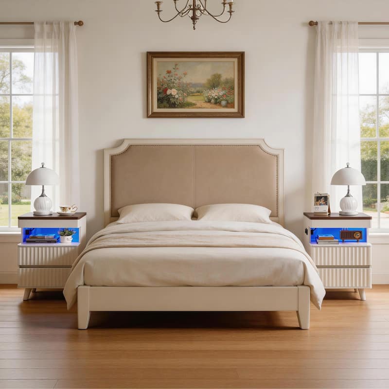 Modern Bedside Table with Gun Drawer,Bedside Table with Charging Station, 2 Drawers and Open Shelf,Side Table for Bedroom