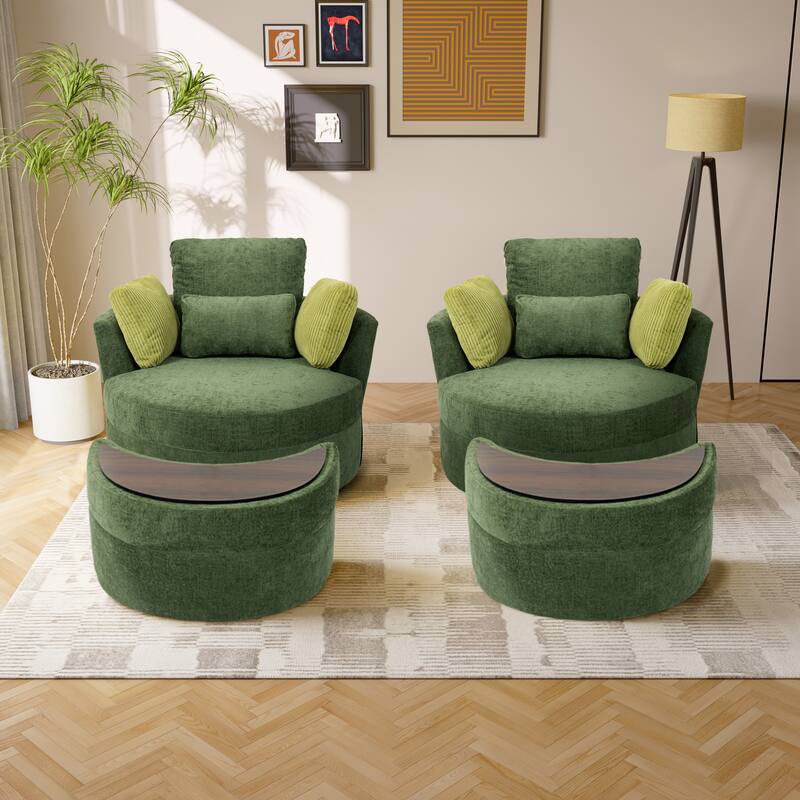 Upholstered Swivel Accent Barrel Chair And Storage Ottoman Sets