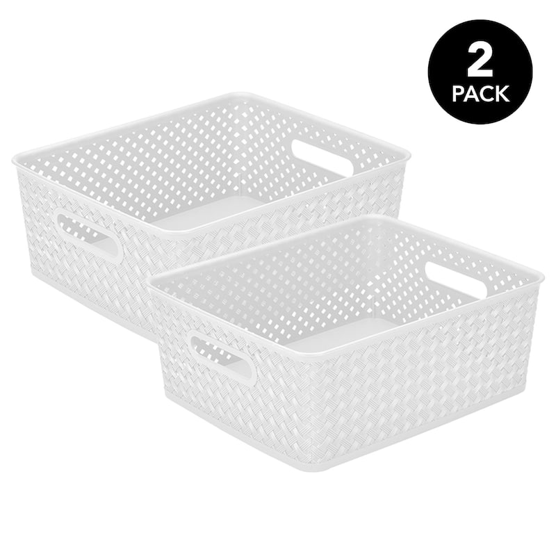 Simplify 2 Pack Medium Resin Wicker Storage Bin in White - 14"x11.5"x5.15" - White - 14"x11.5"x5.15"