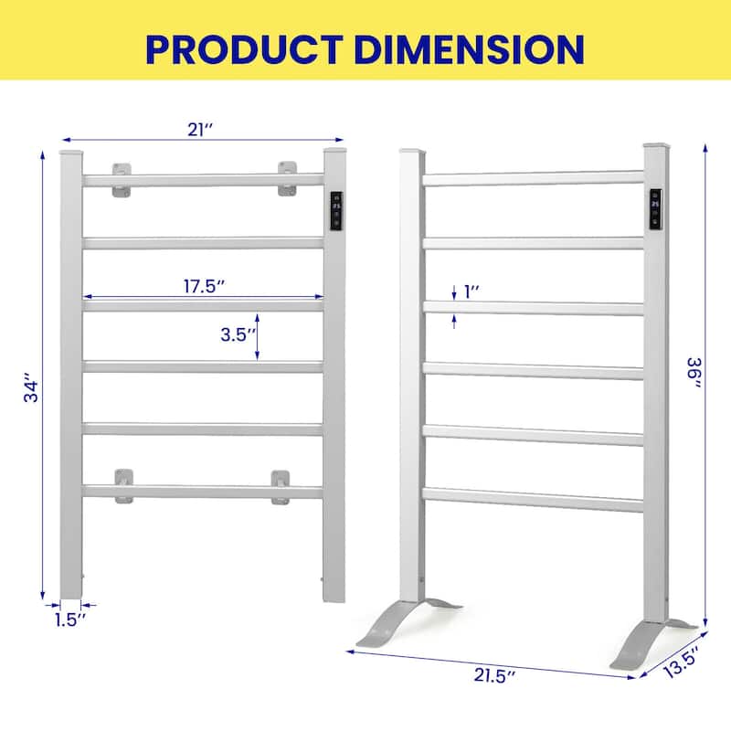 Gymax Towel Warmer 6 Bar 100W Home Bathroom Space Saving Wall Mounted