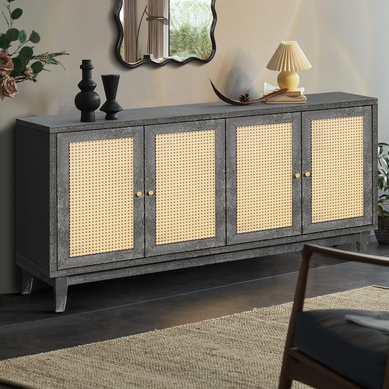 Modern Rattan Buffet Sideboard with Adjustable Shelves & MDF Console Cabinet for Living Room - Antique Dark Grey