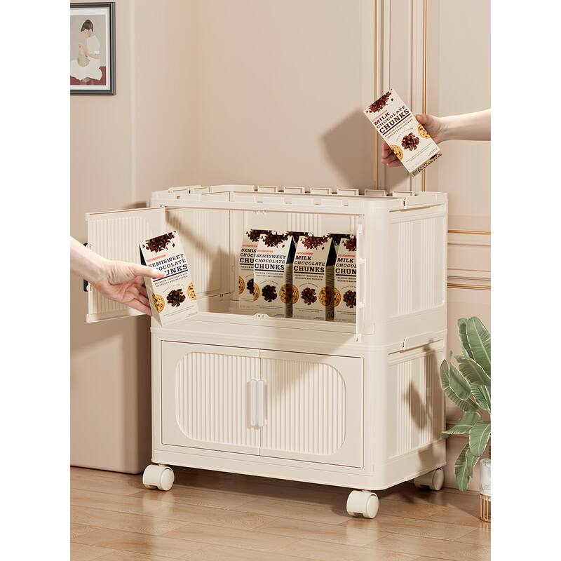 Modern 3-Tiers Folding Plastic Storage Cabinet with Magnetic Door and Bottom Wheels