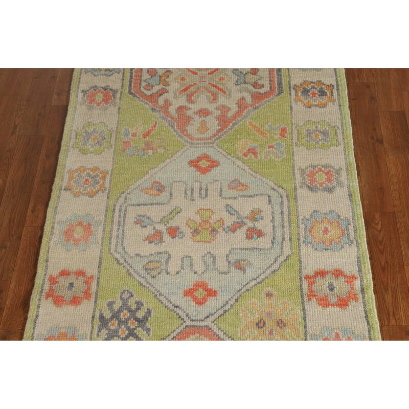 Hand Knotted Oriental 100% Wool Carpet Transitional Geometric Green Oushak Runner Rug - 8' 3'' X 3' 1''