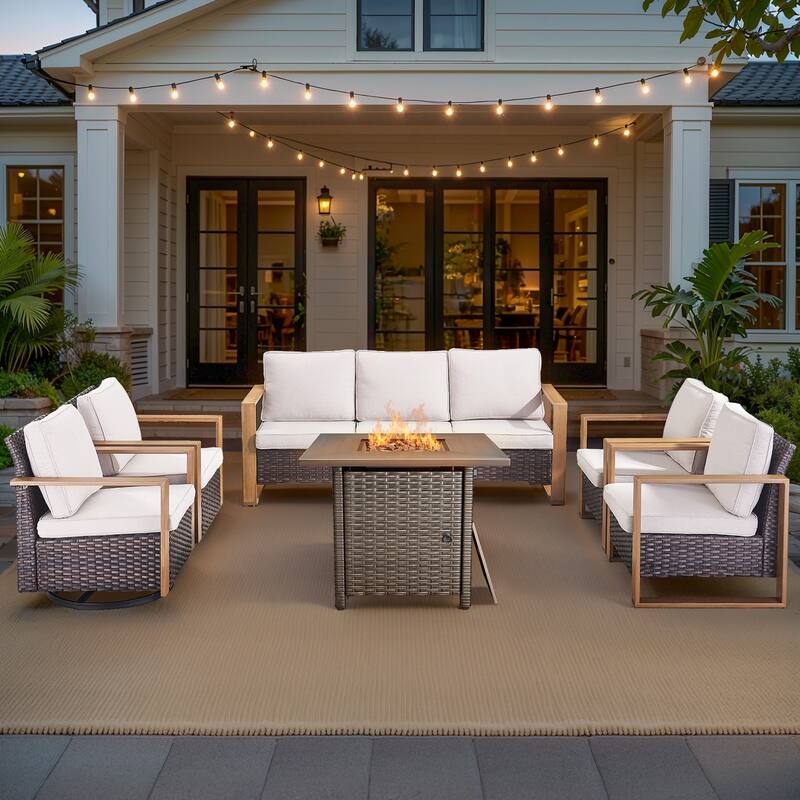 Pocassy 4/6/8PCS Sofa Swivel Chair with Fire Pit Table Set - Brown Wicker Beige Cushion - 6-Piece Sofa Chair with Fire Table