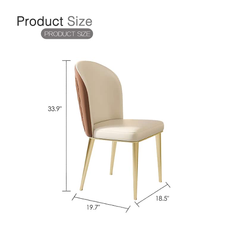 Modern Upholstered Dining Chair Set of 2 - Light Yellow Faux Leather Seat with Brown Back & Gold Metal Legs