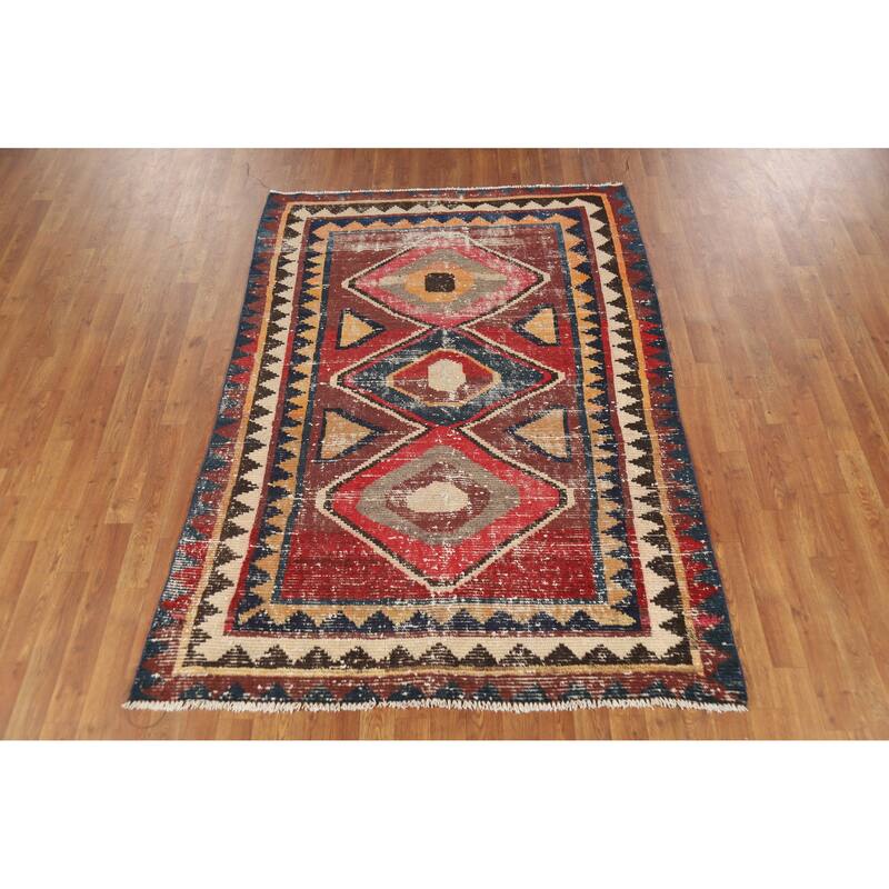 Hand Knotted Oriental 100% Wool Carpet Modern Geometric Red Gabbeh Area Rug - 6' 7'' X 4' 9''