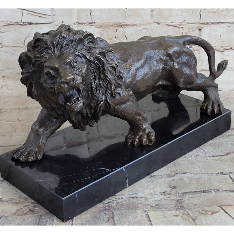 Bronze Sculpture Angry Hungry Male Lion Marble Base Figurine Art Deco Figure