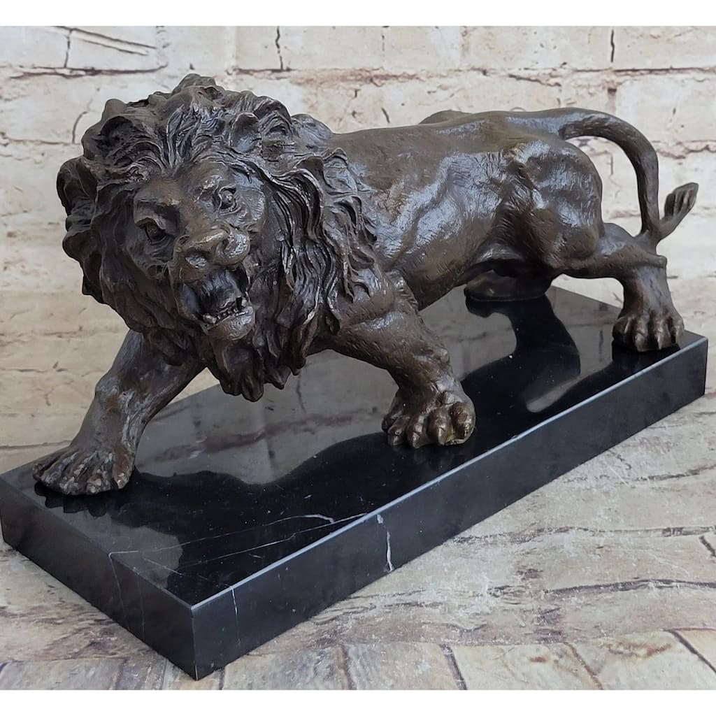 Bronze Sculpture Angry Hungry Male Lion Marble Base Figurine Art Deco Figure
