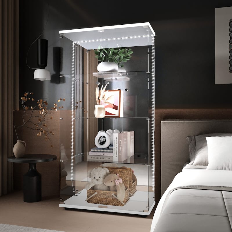 Glass Display Cabinet,Liquor Cabinet,File Cabinet,With Bluetooth Led Strip Light,Lock On The Door,Back Panel Is Mirror