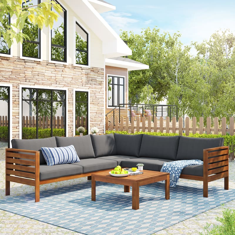 Roomfitters 3-Piece Outdoor Sectional Sofa Set with Coffee Table, Solid Wood Frame L-Shaped Patio Furniture - Gray