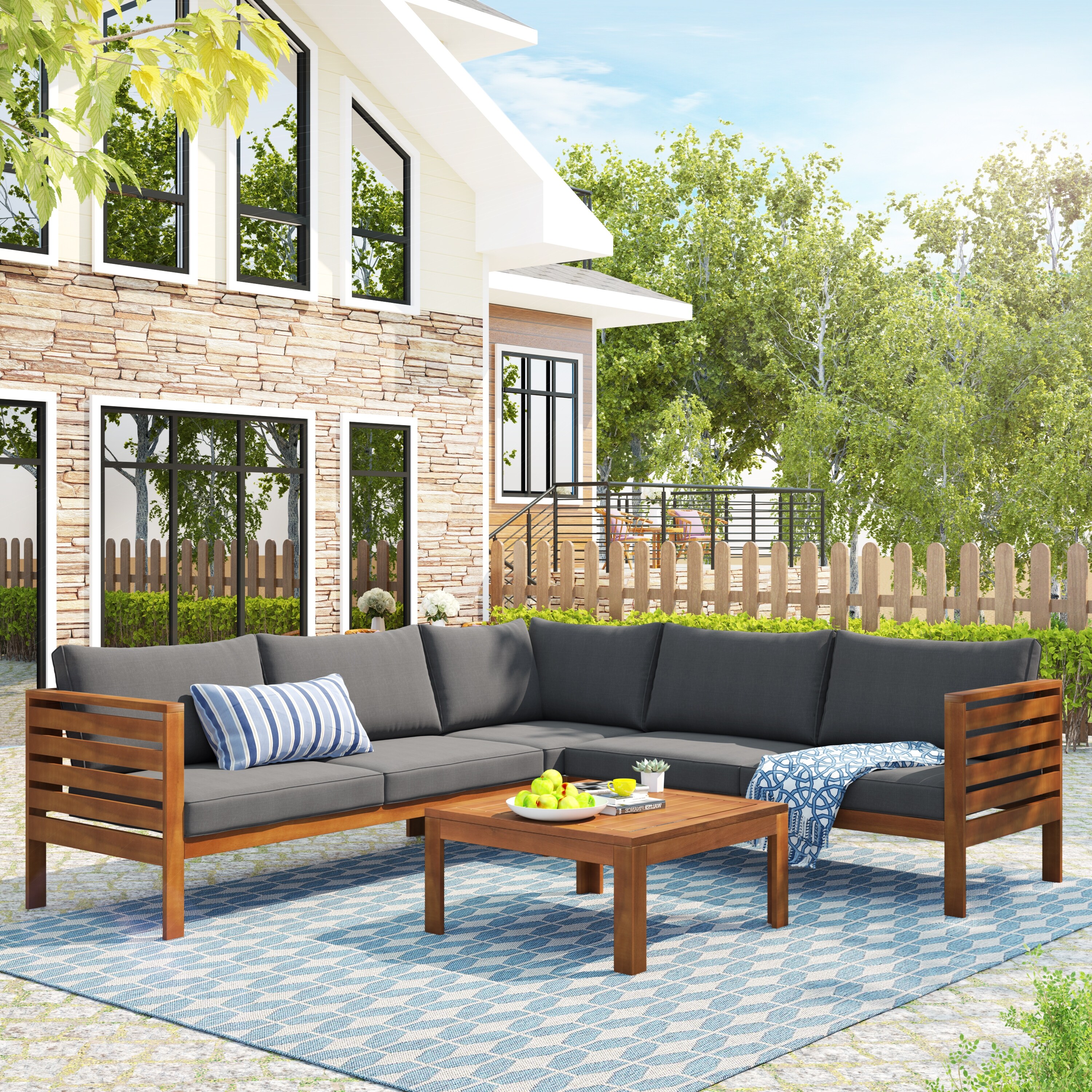 Wood Structure Outdoor Sectional Sofa Set with Two person Sofa Plus Corner Sofa and Coffee Table Water resistant UV Protected Bed Bath Beyond 40326741