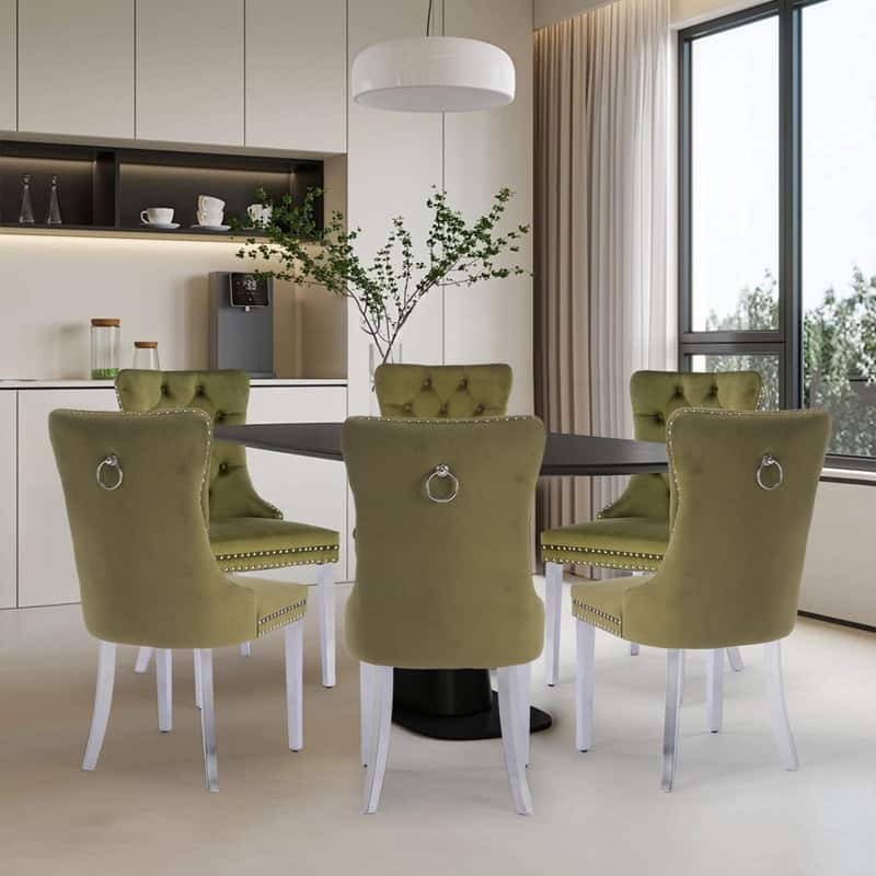 Tufted Naliheads Solid Wood Upholstered Dining Chairs Set of 6 - Olive SliverLegs