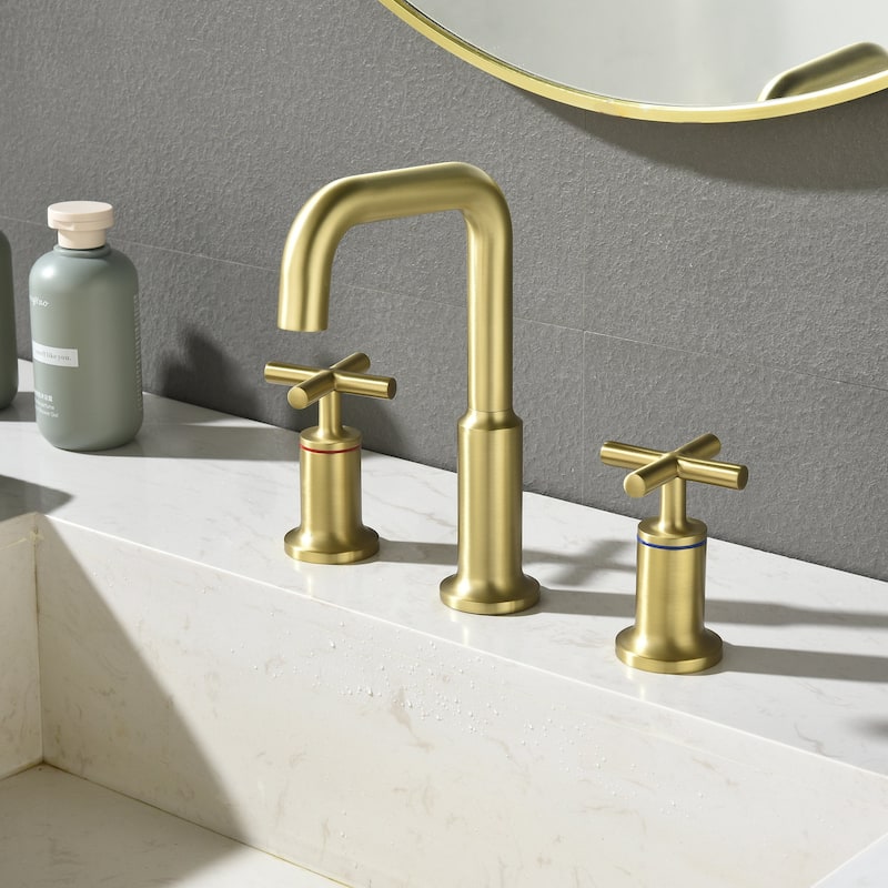 Three-Hole Cross Handle Copper Bathroom Sink Faucet - Brushed gold