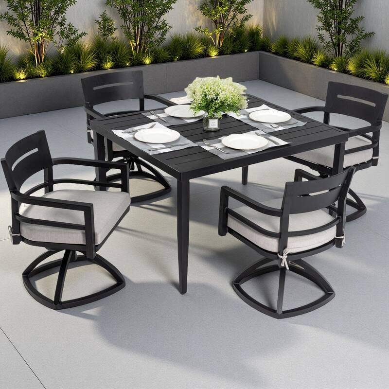 5-Piece Outdoor Patio Aluminum Dining Set with 40" Square Table, 4 Swivel Rocker Chairs, and Umbrella Hole - Ember Black