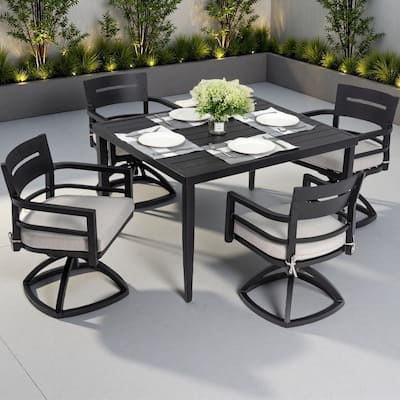 5-Piece Outdoor Patio Aluminum Dining Set with 40" Square Table, 4 Swivel Rocker Chairs, and Umbrella Hole