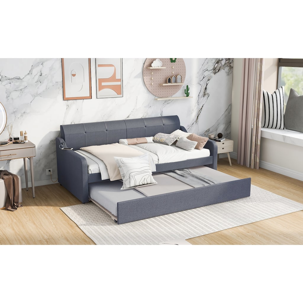 Twin Size Upholstery DayBed with Trundle and USB Charging Design,Trundle can be flat or erected