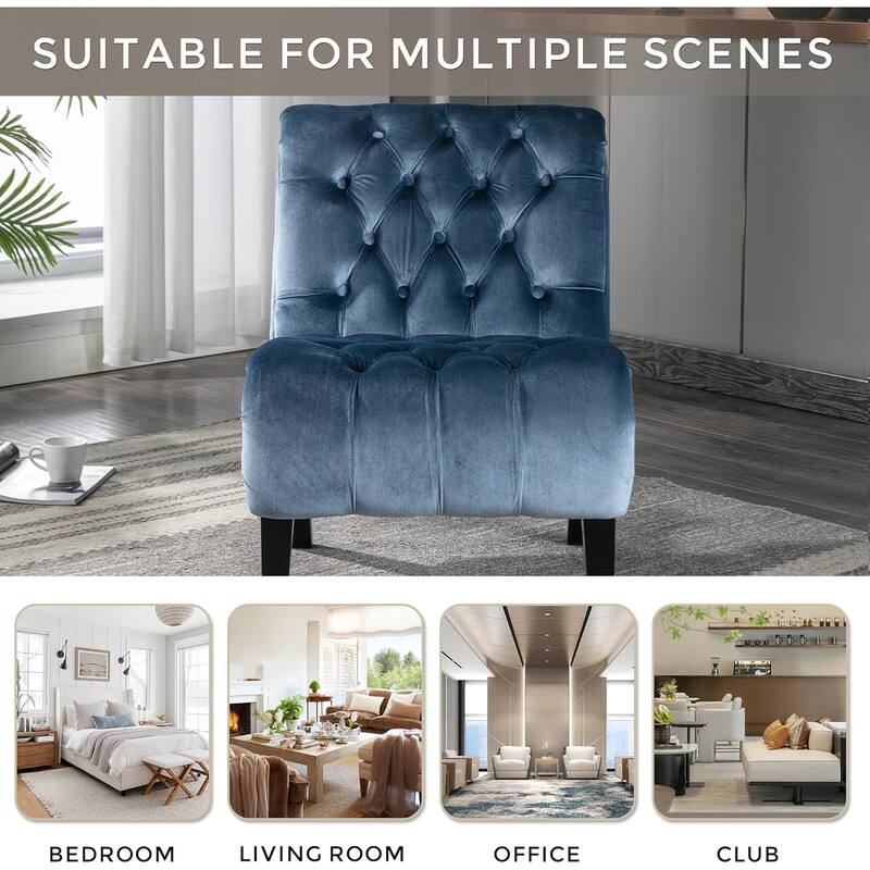 Roomfitters Velvet Armless Accent Chair, Upholstered Button Leisure Chair with Wood Legs for Living Room