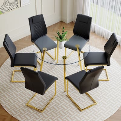 Modern Dining Set with Round Glass Table & PU High Back Chairs