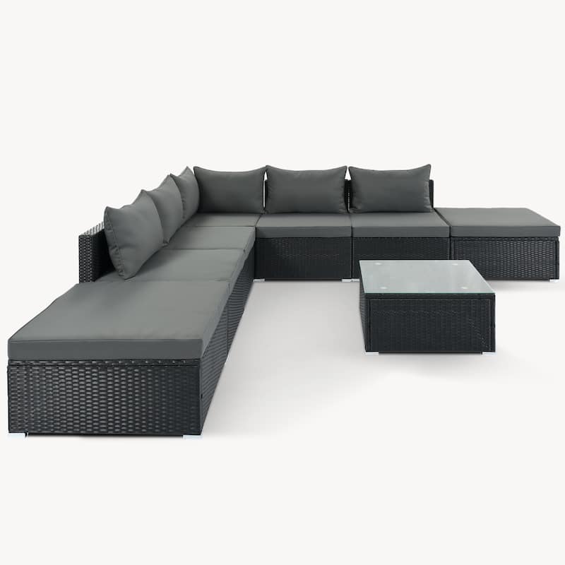 Contemporary 8-Piece Outdoor Patio Furniture Set with Tempered Glass Table