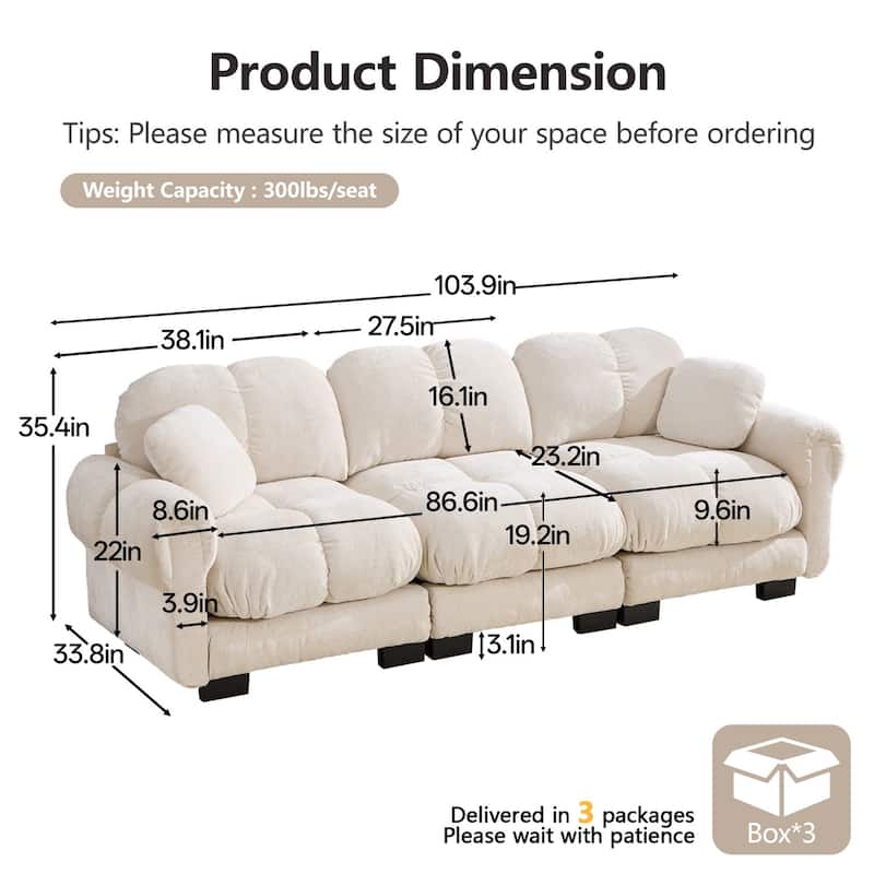 103.9" Modular Chenille Sectional Sofa with Pillows and Quilted Cushions