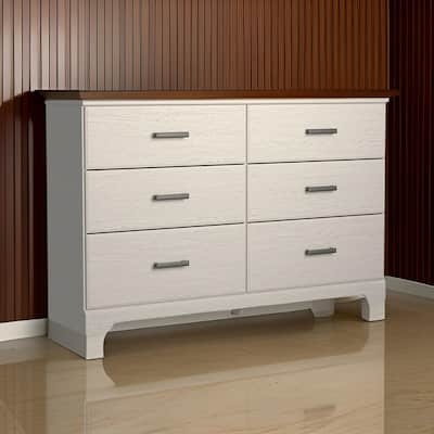 Tely 60 Inch Wide Dresser, 6 Drawers with Pewter Handles, White Wood